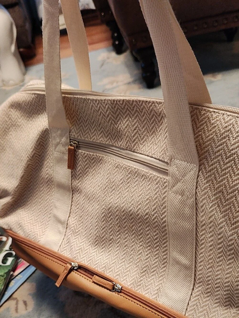 DSW Beige and Tan Canvas Tote with Faux-Leather Trim